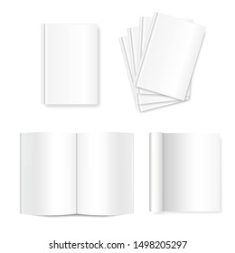 Vector mock up of white blank books. Cover isolated on white background. Realistic closed and open book, magazine or notebook template for your design. In front side of book.