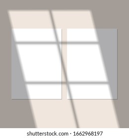 Vector se burla de papel vertical blanco. Efecto de superposición de sombra. Luz suave transparente y sombras desde la ventana.  Montaje de la sombra transparente de las ventanas y luz natural. Malla de 10 pasos.