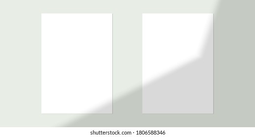 Vector mock up of white blank vertical papers. Shadow overlay effect. Transparent soft light and shadows from window.  Mockup of transparent window shadow and natural lightning. 10 eps mesh.