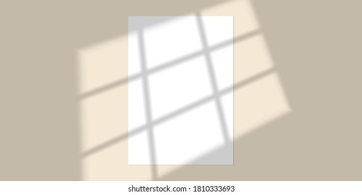 Vector mock up of white blank vertical paper. Shadow overlay effect. Transparent soft light and shadows from window.  Mockup of transparent window shadow and natural lightning. 10 eps mesh.