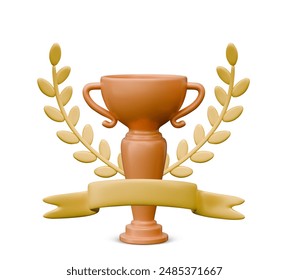 Vector mockup in 3D style. Tall metal bowl, golden laurel wreath, festive ribbon