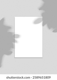 Vector mockup of A4 card with shadows of flowers. Mockup template with white sheet of paper on a gray background.