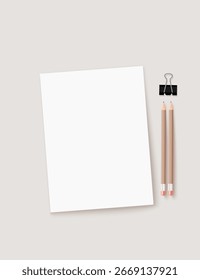 Maqueta de Vector de papel A4 con lápiz y Clip de papel sobre fondo beige	