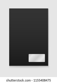 Vector mockup of Black a4 paper empty envelope with window isolated on white background. Dark vertical postage closed cover template. 3d illustration for your corporate identity design