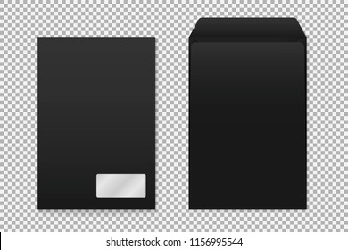Vector mockup of Black a4 paper empty envelope with window. Dark vertical postage closed and open cover template. 3d illustration for your corporate identity design. Back and front view