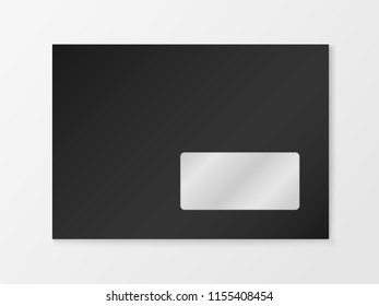 Vector mockup of Black c6 paper empty envelope with window isolated on white background. Dark horizontal postage closed cover template. 3d illustration for your corporate identity design