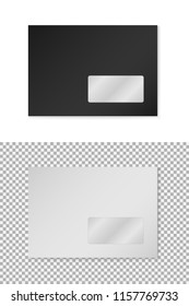 Vector mockup of Black and white c6 paper empty envelope with window isolated on white background. Horizontal postage closed cover template. 3d illustration for your corporate identity design