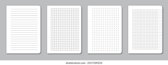Vektorgrafik von leeren Seiten eines Notizbuches oder Notizbuches in Linie, Zelle, Punkt und Raster mit Rand durch mit abgerundeten Kanten, Satz von Vorlagen der inneren Seite des Büros oder Schulbüros.