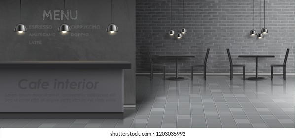 Vector Mockup Of Cafe Interior With Empty Bar Counter, Dinner Tables And Chairs, Ceiling Lamps, Gray Brick Wall And Tiled Floor. Minimalist Modern Design For Fast Food Restaurant, Concept Background