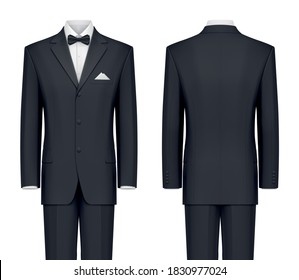 Vector Mockup Of Classic Black Formal Suit With Bow Tie.