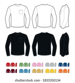 Vector Mockup Of Classic Longsleeve Tee Shirt. Front, Rear And Side Views. Pocket Is Easy To Remove.