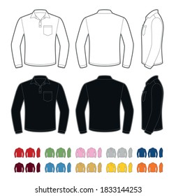 Vector Mockup Of Classic Men's Longsleeve Tee Shirt. Front, Rear And Side Views. Pocket Is Easy To Remove.