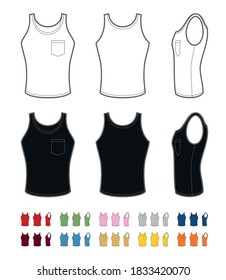 Vector mockup of classic men's tank top with breast pocket. Front, rear and side views. Easy color change.