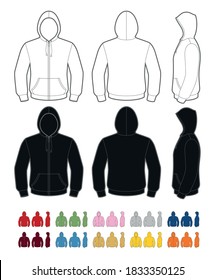 Vector mockup of classic men's zip-up hoodie with pockets. Front, rear and side views. Easy color change.