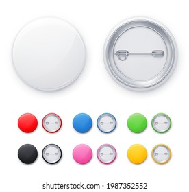 Vector mockup of classic round pin button in 7 different colors.