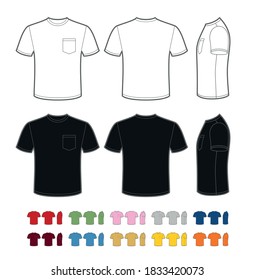 Vector Mockup Of Classic Tee Shirt With Chest Pocket.