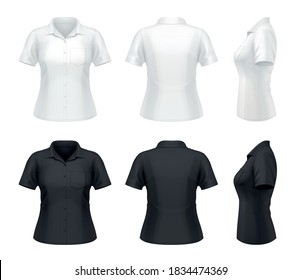 Vector mockup of classic women's buttoned dress shirt with short sleeves and pocket.