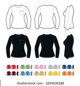 Vector Mockup Of Classic Women's Longsleeve Tee Shirt. Front, Rear And Side Views. Pocket Is Easy To Remove.