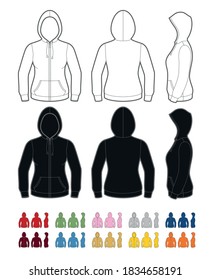 Vector mockup of classic women's zip-up hoodie with pockets. Front, rear and side views. Easy color change.