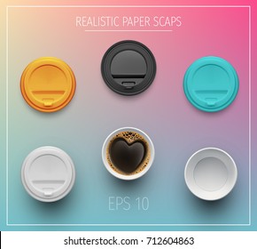 Vector Mockup Coffee Cup and color plastic caps for Flyer, Leaflet, Banners, Invitation, Brochure,Wallpaper.Realistic model Close up take-out Isolated