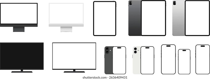 Vector mockup collection of smartphones, tablets, TVs, and computer monitors in front and back views for digital and UI presentations. Vector EPS 10