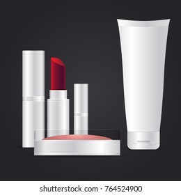 Vector mock-up Decorative cosmetics: Powder, lipstick, hand cream. Realistic 3d of cosmetic package.