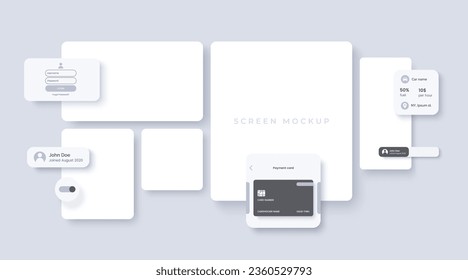 Vector mockup to demonstrate the design of a mobile application or website. Blank white screens of different sizes with soft shadow. Background for the presentation of Ux Ui.