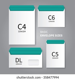 Vector Mockup Design Of 4 Types Of Stationery Envelopes / Basic Envelope Sizes Template