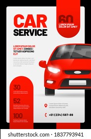 Diseño de mockup vectorial con coche rojo para auto servicio. Adaptarse a afiches, volantes o pancartas. A4