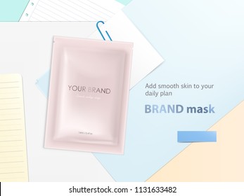 Vector mockup with disposable foil sachet, blank package with facial mask or shampoo, isolated on background. Cosmetic product for daily use, for face and skin treatment. Template for brand promotion