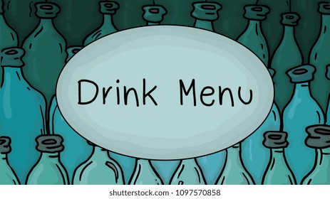 Vector Mockup for Drink Menu with Colorful Bottles Pattern Cartoon Sketch Style