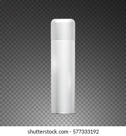 Vector mock-up of empty and clean white glossy metal spray bottle with cap. Template 3d  plastic container for branding, advertising. Blank package isolated on transparent background.