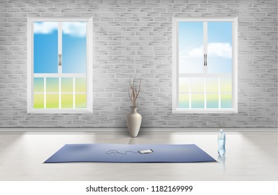 Vector Mockup Of Empty Room With Brick Wall, Two Windows, Blue Carpet, Vase And Bottle Of Water On Wooden Floor. Interior Scene, Studio For Fitness Or Yoga Trainings, Template For Your Design