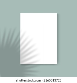 Vector Mockup with empty white A4 paper sheet on olive background and palmetto leaf shadow overlay effect. Minimalist portfolio blank space background for web portfolio, poster mock up, presentation