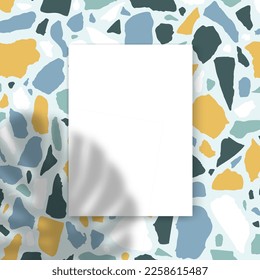 Vector Mockup with empty white A4 paper sheet on blue terrazzo background and monstera leaf shadow overlay effect. Minimalist portfolio blank space background for web portfolio, poster mock up.