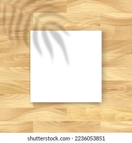 Vector Mockup with empty white square paper sheet on natural wooden background and palm shadow overlay. Trendy portfolio blank space background for web portfolio, poster mock up, presentation