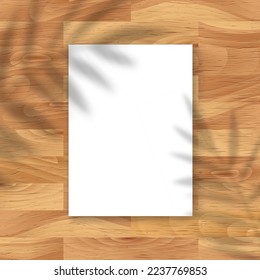 Vector Mockup with empty white square paper sheet on natural wooden background and palm shadow overlay. Trendy portfolio blank space background for web portfolio, poster mock up, presentation