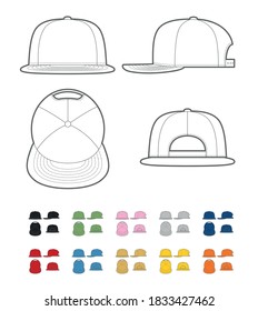 Vector mockup of flat bill cap in various views and colors.