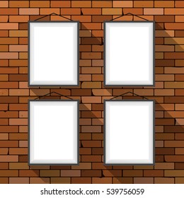 Vector mockup. Four white posters with black frames hanging on a dark red brick wall. Empty blanks. Grunge brickwork background, textured rough surface. Creative business interior template