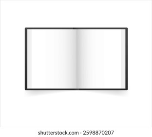 Vector mockup of hardcover book spread isolated. Realistic vertical book, brochure or booklet template opened on white background. Vector realistic illustration.