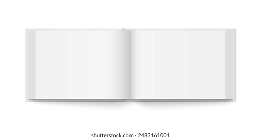 Vector mockup of hardcover horizontal book spread with white cover isolated. Realistic book, brochure or booklet template opened on white background. 3d illustration.