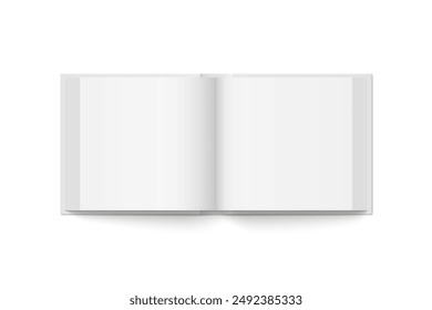 Vector mockup of hardcover square book spread with white cover isolated. Realistic book, brochure or booklet template opened on white background. 3d illustration.