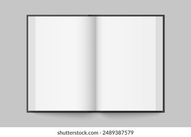 Vector mockup of hardcover vertical book spread with black cover isolated. Realistic book, brochure or booklet template opened on white background. 3d illustration.