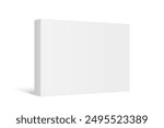 Vector mockup of horizontal standing paperback book with white blank softcover isolated. Book, catalog or magazine mock up on white background. 3d illustration. Diminishing perspective.