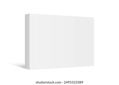 Vector mockup of horizontal standing paperback book with white blank softcover isolated. Book, catalog or magazine mock up on white background. 3d illustration. Diminishing perspective.