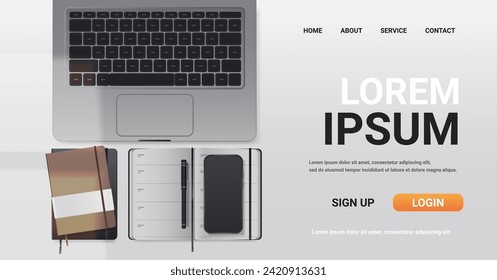 Vector mockup laptop keyboard, notepad and phone top view. Small workplace concept illustration