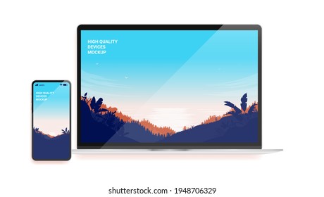 Vector mockup with laptop and smartphone - Computer and phone with editable screens. Illustration.