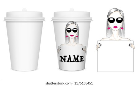Vector mockup (layout) of a white closed paper cup for coffee (or other beverages) with white lid. Fashion illustration of a girl with a poster, template for text. Design of a paper cup. EPS 10