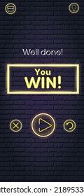 Vector mockup of mobile app game quiz intellectual competition win screen on brick wall background with neon sign and icons