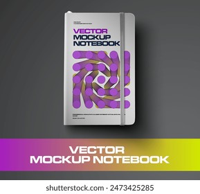 Vector mockup of notebook with elastic band, bookmark, with abstract design on hardcover, diary presentation for notes, sketch. Notepad template, closed organizer, isolated on background. Illustration